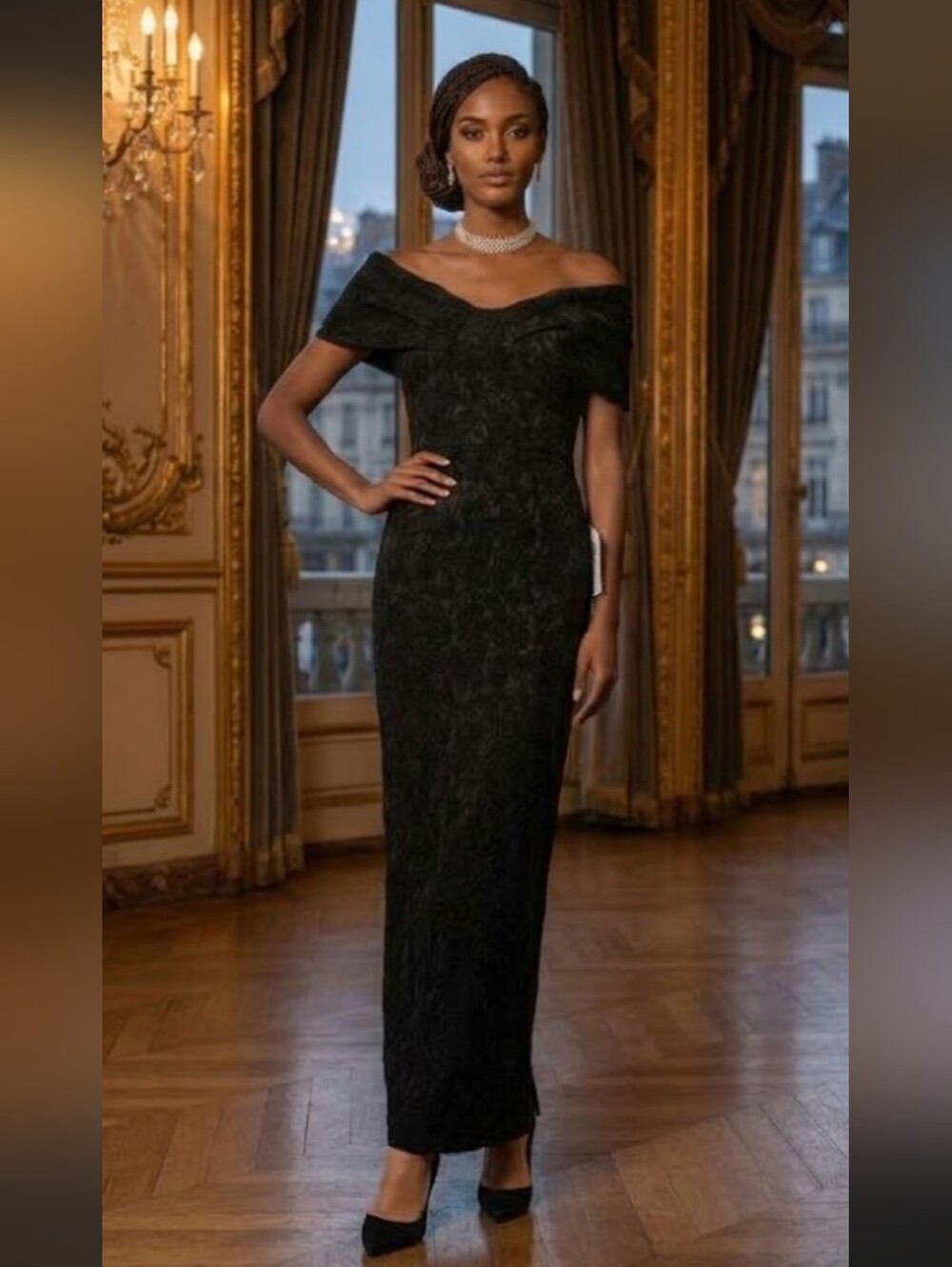 NWT Betsy & Adam Black Off-The-Shoulder Jacquard Gown Dress Size 6